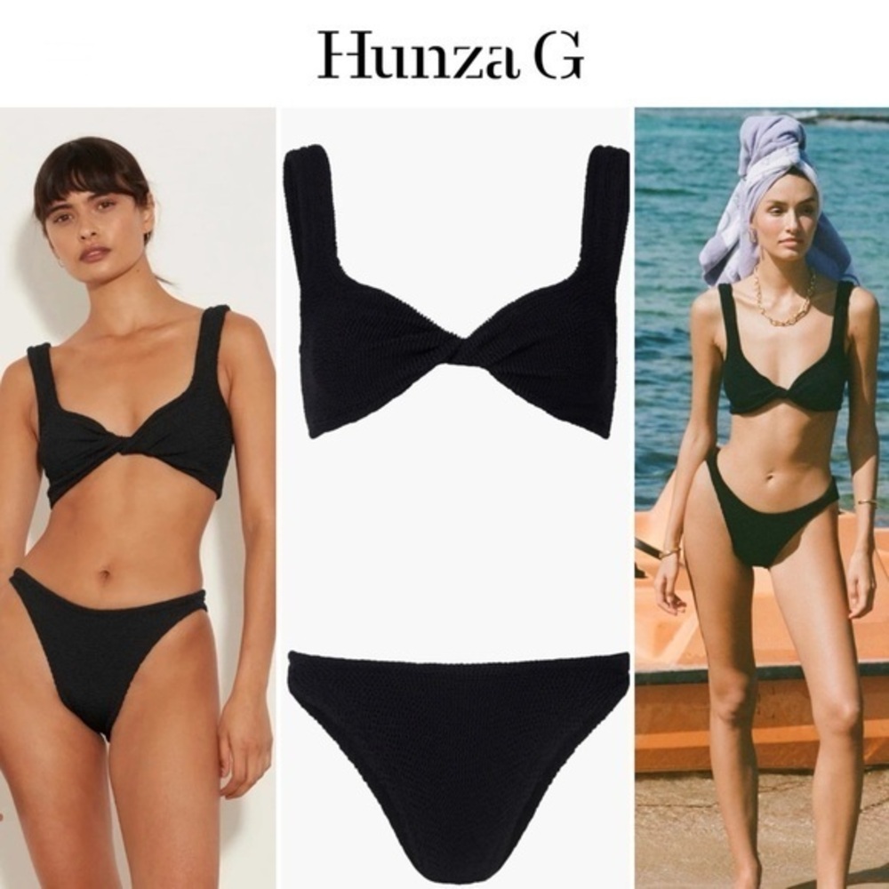 Hunza G Juno Crinkle Twist Two-Piece Swimsuit Black OS NWT 270$